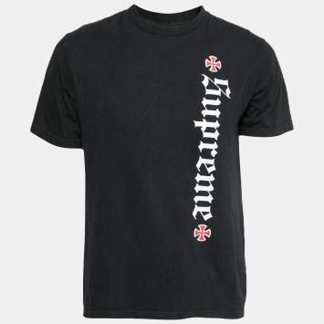Pre Owned Supreme Black Cotton Logo Printed Crew Neck T-Shirt S