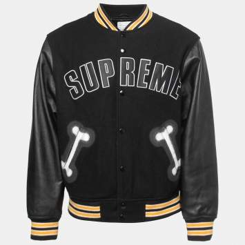 Pre Owned Supreme Black Wool & Leather Bone Print Varsity Jacket M