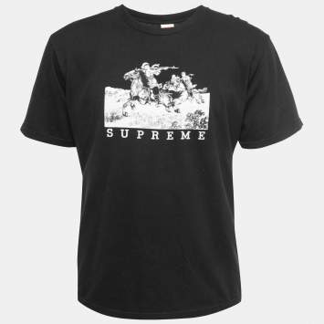 Pre Owned Supreme Black Logo Print Cotton Crew Neck Half Sleeve T-Shirt L