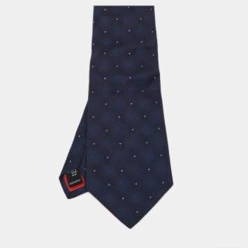 Pre Owned S.T. Dupont Navy Blue Geometric Patterned Silk Jacquard Traditional Tie