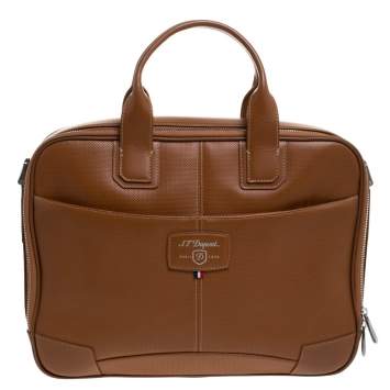 Pre Owned S.T. Dupont Tan Brown Perforated Leather Small Laptop and Document Holder Bag