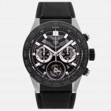 Pre Owned Tag Heuer Carrera Tourbillon Chronograph CAR5A8Y.FC6377 Automatic Titanium Black Dial Men's Wristwatch 45mm