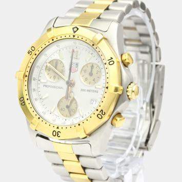 Pre Owned Tag Heuer White Gold Plated Stainless Steel 2000 Classic Professional Quartz Chronograph CK1121 Men's Wristwatch 37 mm