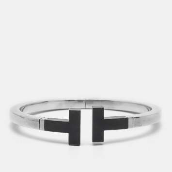 مملوكة مسبقًا Tiffany & Co. T Square Ceramic 18k Yellow Gold Sterling Silver Open Cuff Bracelet