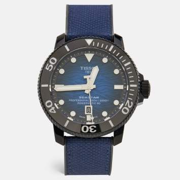 Pre Owned Tissot Vignette Blue Black PVD Coated Stainless Steel Canvas Rubber Seastar T120.607.041.00 Men's Wristwatch 46 mm