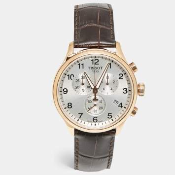 Pre Owned Tissot Chrono XL Classic T116.617.36.037.00 Silver Dial Rose PVD Coated Stainless Steel Alligator Leather Men's Wristwatch 45 mm