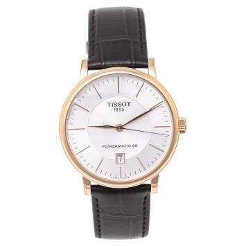 Pre Owned Tissot Silver Rose Gold Plated Stainless Steel Leather Caron Premium Powermatic 80 T122.407.36.031.00 Men's Wristwatch 40 mm 