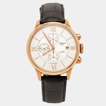 Pre Owned Tissot Silver Rose Gold Plated Stainless Steel Leather T-Classic Chemin Des Tourelles T099.427.36.038.00 Men's Wristwatch 44 mm 