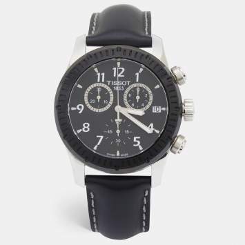 Pre Owned Tissot Black Stainless Steel Leather V8 T039.417.26.057.00 Men's Wristwatch 42 mm