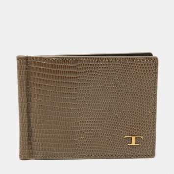 Pre Owned Tod's Khaki Green Lizard Embossed Leather Money Clip