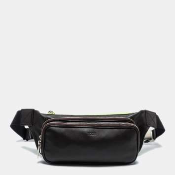 Pre Owned Tod's Dark Brown/Neon Green Leather Zip Waist Belt Bag