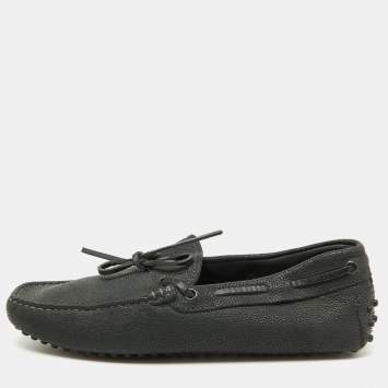 Pre Owned Tod's Dark Grey Leather Gommino Bow Slip On Loafers Size 39.5