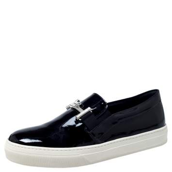 Pre Owned Tod's Black Patent Leather Sportivo Maxi Crystal Double T Slip On Sneakers Size 40