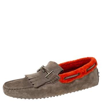 Pre Owned Tod's Olive Green Suede Leather And Shearling Double T Fringe Slip On Loafers Size 41.5
