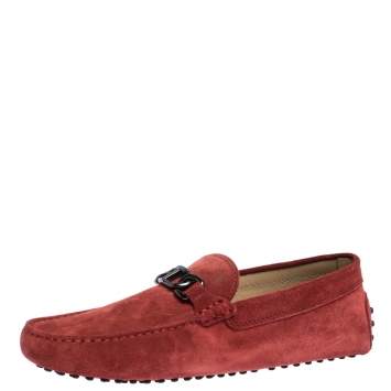 Pre Owned Tod's Cinnamon Red Suede Chain T Slip On Loafers Size 42