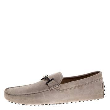 Pre Owned Tod's Grey Suede Leather Double T Slip On Loafers Size 44