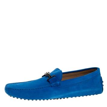 Pre Owned Tod's Blue Suede Leather Double T Slip On Loafers Size 44