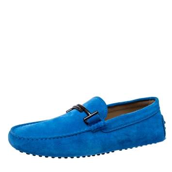 Pre Owned Tod's Blue Suede Leather Double T Slip On Loafers Size 41