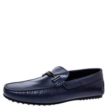 Pre Owned Tod's Blue Leather Double T Slip On Loafers Size 45