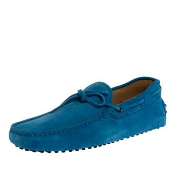 Pre Owned Tod's Blue Suede Leather Bow Slip On Loafers Size 41.5 