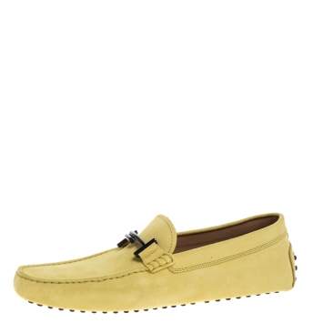 Pre Owned Tod's Yellow Suede Leather Double T Slip On Loafers Size 44.5 