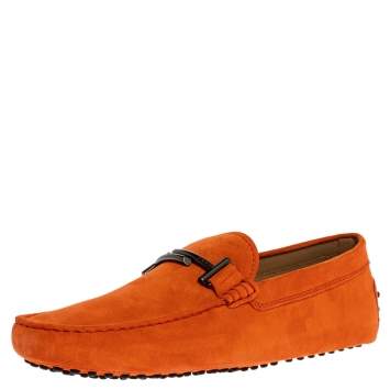 Pre Owned Tod's Orange Suede Leather Double T Slip On Loafers Size 43
