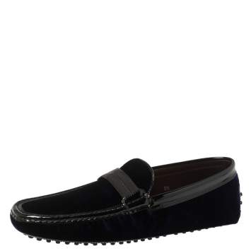 Pre Owned Tod's Midnight Blue/Black Velvet and Patent Leather New Gommini Smoking Loafers Size 44