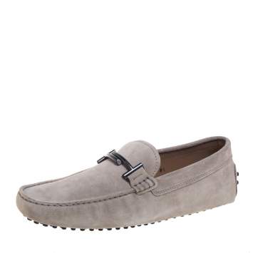 Pre Owned Tod's Grey Suede Gommino Double T Slip On Loafers Size 42.5
