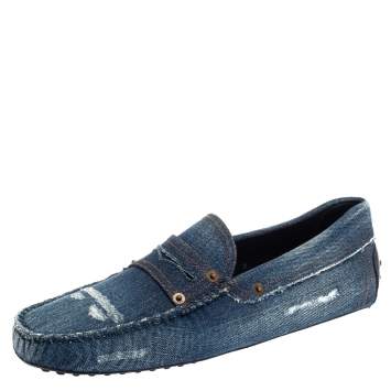 مملوكة مسبقًا Tod's Blue Denim Fabric Gommino Penny Slip On Loafers Size 42