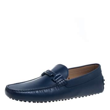 Pre Owned Tod's Blue Leather Gommino Double T Slip On Loafers Size 42