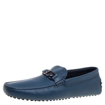 Pre Owned Tod's Blue Leather Gommino Slip On Loafers Size 44.5