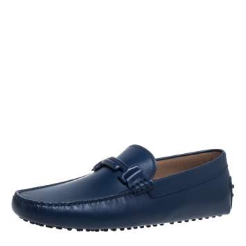 Pre Owned Tod's Blue Leather Gommino Double T Slip On Loafers Size 42.5
