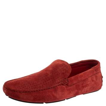 Pre Owned Tod's For Ferrari Red Perforated Suede Gommino Slip On Loafers 44.5