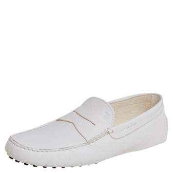 Pre Owned Tods White Leather Gommino Driving Loafers Size 44.5