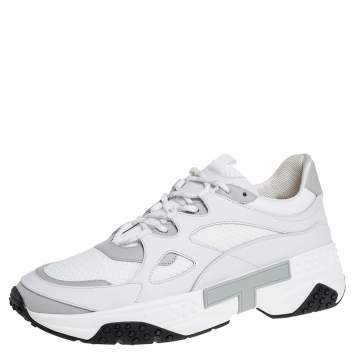 Pre Owned Tod's White/Grey Leather and Mesh Lace Up Sneakers Size 45.5
