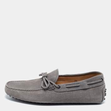 Pre Owned Tod's Grey Suede Bow Driving Slip On Loafers Size 41.5 