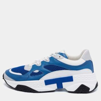 Pre Owned Tod's Blue/White Leather and Mesh Lace Up Sneakers Size 44