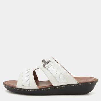 Pre Owned Tod's White Croc Embossed Leather Slide Sandals Size 43