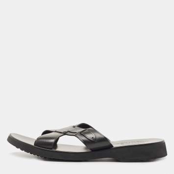 Pre Owned Tod's Black Leather Crossed Strap Slider Sandals Size 45.5