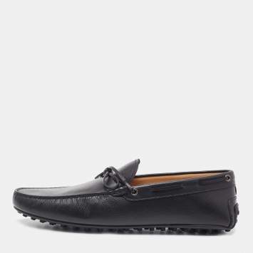 Pre Owned Tod's Black Leather Bow Slip On Loafers Size 47