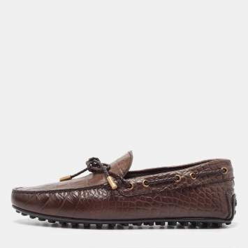 Pre Owned Tod's Brown Croc Embossed Leather Bow Slip On Loafers Size 44