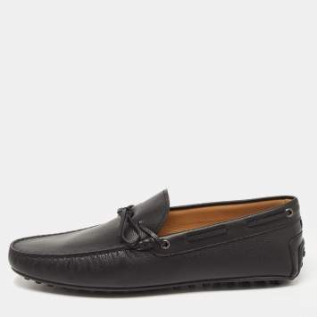 Pre Owned Tod's Black Leather City Gommino Bow Loafers Size 45.5