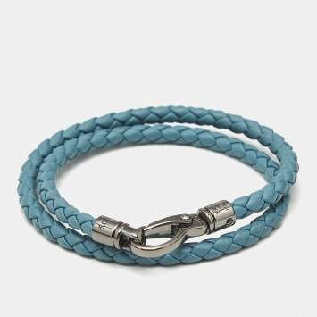 Pre Owned Tod's MyColors Blue Leather Gunmetal Tone Wrap Bracelet