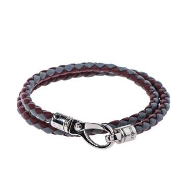Pre Owned Tod's Mycolors Bicolor Woven Leather Silver Tone Double Wrap Bracelet        