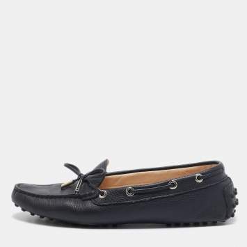 Pre Owned Tod's Navy Blue Leather Bow Slip On Loafers Size 40