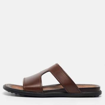 Pre Owned Tod's Brown Leather Slide Flats Size 41.5