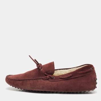 Pre Owned Tod's Dark Burgundy Suede Bow Slip On Loafers Size 44.5