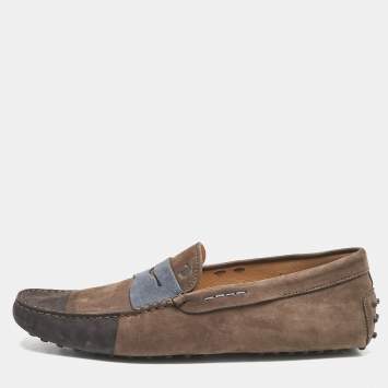 Tod's Dark Brown/Blue Nubuck Bow Slip On Loafers Size 44.5