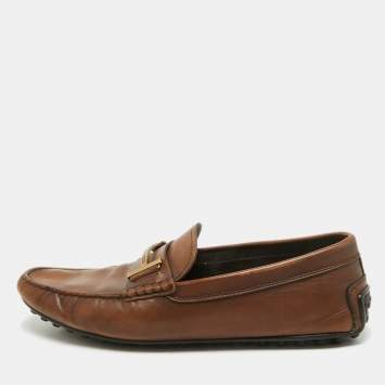 Pre Owned Tod's Brown Leather Double T Logo Slip On Penny Loafers Size 44