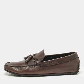 Pre Owned Tod's Brown Leather Double T Slip On Loafers Size 44.5